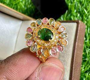 Natural Multi Tourmaline Gemstone with Diamond <b>Vintage</b> Flower Design 925 Sterling Silver <b>Gold</b> Plated Cocktail <b>Ring</b> - Product Image 3