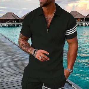 Vêtements pour hommes Streetwear Summer Trend Plaid Stripes Print Men's Tracksuit Casual Zipper Collar Polo Shirt And Shorts 2pcs Sets - Product Image 6