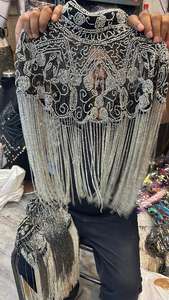 Cape de soirée à motifs géométriques dorés faits à la main, longue frangée et perlée, pailletée et brodée, tenue de soirée grande taille - Product Image 2