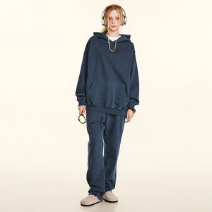 Ensemble pantalon de survêtement et sweat à capuche unisexe 380G 100% coton basique délavé vintage surdimensionné en tricot de grande taille - Product Image 4