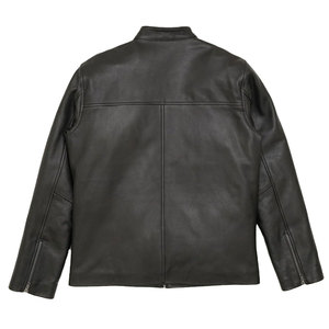 Round Snap Tab Collar Cowhide Black Leather <b>Jacket</b> Full Sleeves Ribbed Leather <b>Jacket</b> with Zippered Cuff Stylish <b>jacket</b> <b>for</b> <b>men</b> - Product Image 4