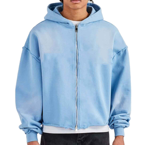 New Arrival <b>Men's</b> Casual Acid Washed <b>Hoodie</b> <b>Blue</b> Oversized Loose Zip-up with Front Logo Spring Autumn Regular Used Wholesale - Product Image 1
