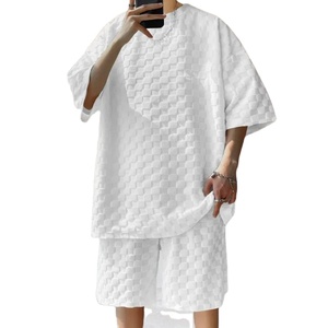 Costume de sport d'été pour homme High Street Plaid Print T-shirt et short à col rond en tricot respirant Ensemble décontracté pour homme deux pièces - Product Image 6