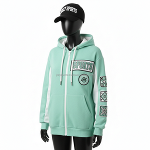 Sweat à capuche zippé pour femme en polaire GSM doux et chaud vert menthe avec panneaux blancs et patchs de logo brodés personnalisés, sweat à capuche basique zippé - Product Image 4
