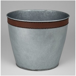 Vintage <b>Galvanised</b> Leather <b>Planter</b> With Polished Metal Base Artisan Handcrafted Offering Stylish Accent For Decorative Interiors - Product Image 6