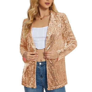Veste blazer à paillettes de style court à simple boutonnage pour femme pour l'automne, le printemps et l'hiver Produit fini de couleur unie - Product Image 3
