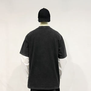 Wholesale <b>Long</b> <b>Sleeve</b> T-<b>shirt</b> Vintage Double Layered Patchwork Men Custom Logo Casual Acid Washed T-<b>shirt</b> for men High Quality - Product Image 6