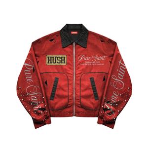 2026 Streetwear Embroidered Custom Distressed Vintage Wash Rhinestone Unisex Zip Up Denim Canvas <b>Winter</b> Jacket - Product Image 3