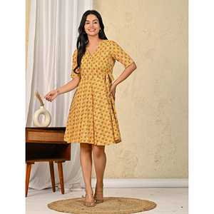 Vestido Amarillo de Algodón Estampado Tipo Wrap Talla XS, Informal y Moderno para Fiestas, Uso Diario y Festivales, Cintura Imperio, Diseño Transpirable - Product Image 4