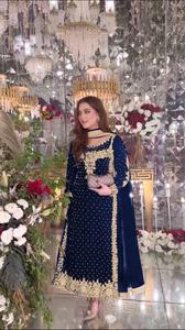 Indian Designer Wedding Party Wear Best Quality Viscose Velvet Heavy Sequence Embroidered Work <b>Top</b> and Bottom With Dupatta - Product Image 2