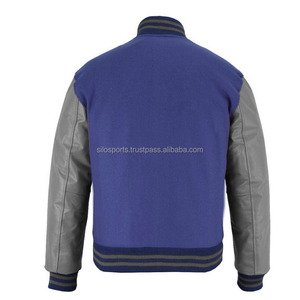 2026 <b>Men's</b> Premium Blue <b>Fleece</b> Varsity Jacket With <b>Grey</b> Leather Sleeves Multi Color Trims Design Letterman Winter Heated Jackets - Product Image 2