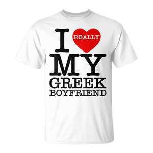 T-shirt unisexe en coton à manches courtes et col rond pour adulte, avec motif cœur rouge « J'aime vraiment mon petit ami grec », idéal pour la Saint-Valentin - Product Image 1