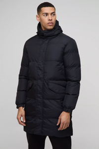 Veste matelassée à capuche mi-longue pour hommes avec logo personnalisé OEM en noir, coupe-vent et chaud, vestes à bulles en duvet matelassé de haute qualité pour hommes - Product Image 2