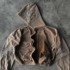 Sudadera con capucha con cremallera completa y diamantes de imitación desgastados de peso pesado de gran tamaño con hombros caídos 100% algodón personalizada - Product Image 2