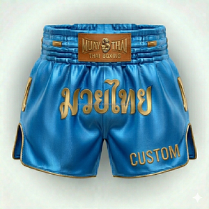 Shorts de Muay Thai personnalisés par sublimation, usine OEM, vente en gros, satin, séchage rapide, évacuation de l'humidité, kit de combat d'équipe, 100% polyester - Product Image 2
