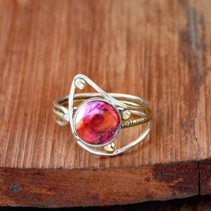 Anillo de turquesa de ostra rosa, piedra redonda, Plata de Ley 925, anillo de boda de dos tonos de dalia, joyería de regalo delicada - Product Image 2