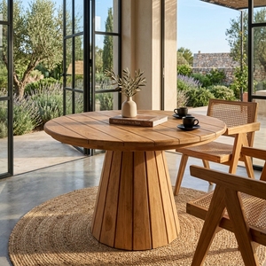 <b>Outdoor</b> Solid Teak Wood <b>Round</b> Dining Set Fluted Pedestal <b>Table</b> Woven Rattan Webbing Armchairs Garden Furniture Setup Decor - Product Image 4