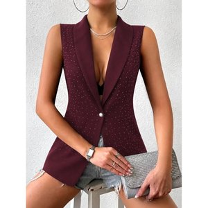 Gilet en satin sans manches pour femme, col orné, devant ouvert, 34699 - Bourgogne - Product Image 1