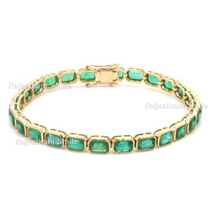 Emeraude naturelle 14K or jaune massif émeraude pierre précieuse sertie de lunette bracelet de tennis taille de pierre 6x4mm - Product Image 1