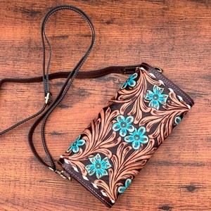Monedero de cuero occidental para mujer, bandolera de cuero genuino, billetera Floral turquesa, billeteras de piel de vaca con flores bohemias occidentales - Product Image 2