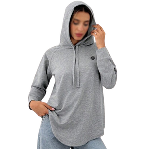 Sweat-shirt à capuche pour femme, longueur standard, cordon de serrage, manches raglan, ourlet incurvé, haut décontracté, gris, vente en gros de sweats à capuche - Product Image 1