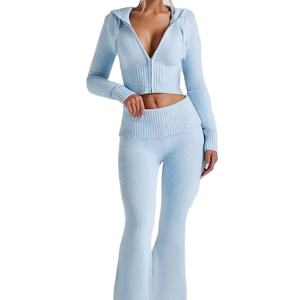 Femmes automne hiver sport costume mode à capuche cordon fermeture éclair haut à manches longues et pantalon évasé tempérament survêtement - Product Image 1