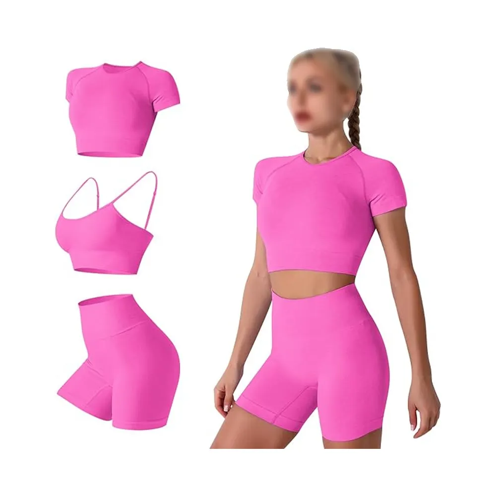 Vestito da Yoga senza cuciture da donna-Pantaloncini, pantaloni e tuta da ginnastica a vita alta 3 pezzi per il massimo Comfort rosa caldo