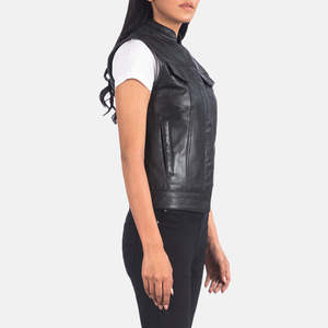 เสื้อกั๊กหนังสีดำสำหรับผู้หญิงสไตล์มอเตอร์ไซค์ - Product Image 2