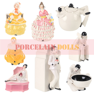 Lot De 5 Clowns Collection Porcelaine Et Tissu Vintage