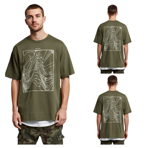 T-shirt pour homme en coton vert olive imprimé DTF, motif topographique, coupe oversize, tendance - Product Image 1