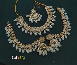 Elegant Jewellery Indian Wedding Function CZ Stone Studded With <b>Pearl</b> Work <b>Necklace</b> Set <b>Earrings</b> with Hair Chain & Mangtika Set - Product Image 3
