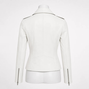 Premium <b>Women's</b> <b>White</b> PU Leather Moto <b>Jacket</b> Studded Lapel Collar Asymmetric Zipper Biker Style Spring/Winter Wear Waterproof - Product Image 2