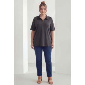 Blusa modal de talla grande con hombreras y cremallera, color negro - Product Image 3