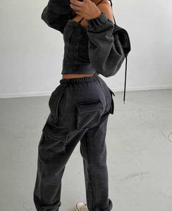 ชุดเซ็ตเสื้อฮู้ดและกางเกงขายาวทรงคาร์โก้ผ้าฝ้ายเฟรนช์เทอร์รี่ 3 ชิ้น แบบยูนิเซ็กซ์ ปักลาย ล้างสีแบบแอซิดวอช ชุดวอร์ม ไซส์พลัส - Product Image 4