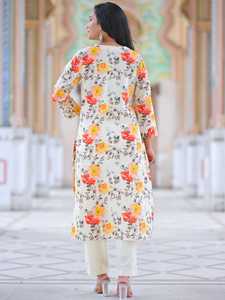 Ensemble Kurta Pantalon Droit en Coton à Imprimé Floral pour Femmes Longueur Mollet Col Mandarin Manches Trois Quarts Tenue Multicolore - Product Image 5