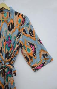 Comfortable 100% Cotton <b>Long</b> <b>Kimono</b> with Ikat Print for Women Lightweight Breathable Fabric Spring Summer Cover Lounging Luxury - Product Image 2