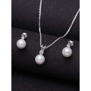 NOVAMART Fine 92.5 Sterling Silver Classic Pearl Pendant Earrings <b>Set</b> with Chain Elegant Fine Jewelry <b>Gift</b> for Women and <b>Girls</b> W - Product Image 2