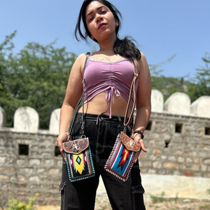 Nuevo Western Tooled Jacquard cuero teléfono Crossbody Sling monederos Vintage Multi Azteca tela único acolchado pequeño muñequera monederos - Product Image 2