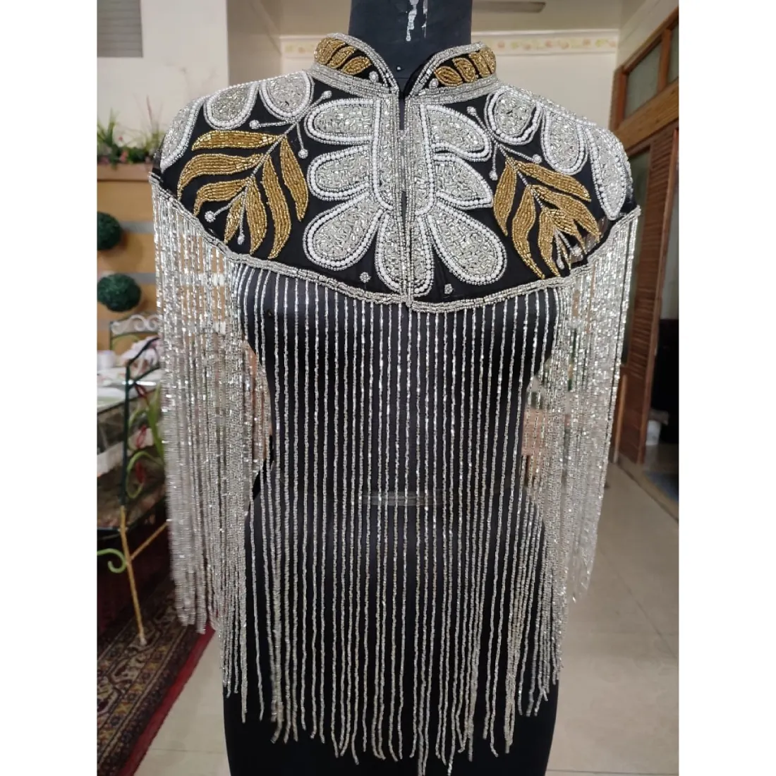 Silver Hand Tassel Beading Sequined Gold Embroidery Heavy shining poncho in good Price from Manufacturer