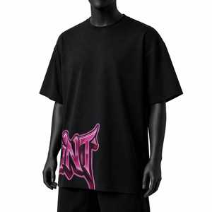 T-shirt noir pour homme, coupe classique, imprimé lettres dégradées roses, col rond, manches courtes, style décontracté, 100% coton, respirant, tricoté - Product Image 2