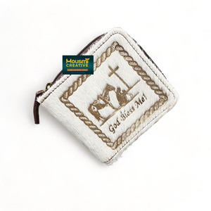 กระเป๋าสตางค์พับสองทบแบบสั้นปักลายรูปวัวเด็กชายวัวแท้ซ่อนตัวแยก RFID ตัวบล็อกเงินแบบรูดซิปสีขาว - Product Image 3