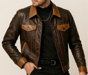 Veste en cuir pour homme, col montant, logo sur le devant, vêtement d'extérieur décontracté d'hiver, surface respirante et lisse, design contemporain - Product Image 5