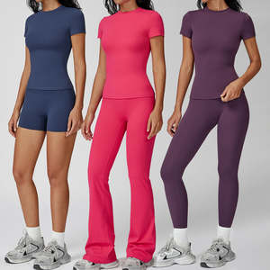 Set da allenamento da donna 2 pezzi per t-shirt atletica <span class=keywords><strong>Leggings</strong></span> a vita alta con abbinamento Set di abbigliamento abbigliamento attivo per allenamento e Yoga outfit - Product Image 5