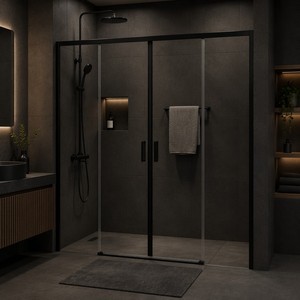 Porte <span class=keywords><strong>de</strong></span> <span class=keywords><strong>douche</strong></span> <span class=keywords><strong>coulissante</strong></span> murale à cadre noir <span class=keywords><strong>140</strong></span>-160 cm, verre trempé <span class=keywords><strong>de</strong></span> 6 mm avec rail inférieur - Product Image 1