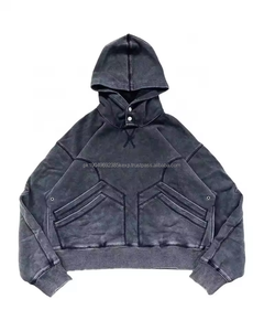 定制徽标大号拼接多功能口袋连帽衫按扣男士连帽衫复古水洗连帽衫男式 - Product Image 1