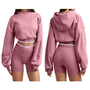 Soft and Comfortable <b>Women's</b> Sets Crop Hoodie and <b>Shorts</b> Sets - Stylish Two-Piece Outfit for Everyday Wear - Product Image 1
