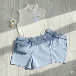 Ensemble de tenue d'été pour filles, haut sans manches côtelé avec short vert menthe à ceinture et mini pochette - Product Image 1
