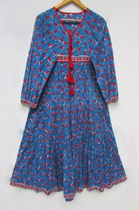 Robe mi-longue en lin viscose de l'exportateur indien pour filles robe de plage à col rond avec décoration de bouton Style imprimé lavable - Product Image 2