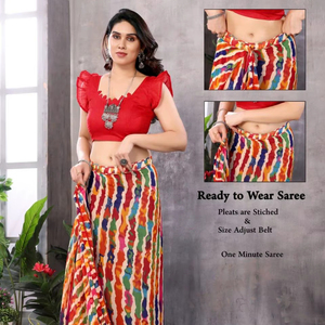 Sari traditionnel prêt-à-porter en soie géorgette lourde Dhwaja Export avec blouse Banglori et dentelle - Product Image 1