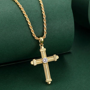 Collier Hip Hop en argent sterling 925 plaqué or avec pendentif croix rond à 1 diamant taille brillant pour femmes et hommes - Product Image 3